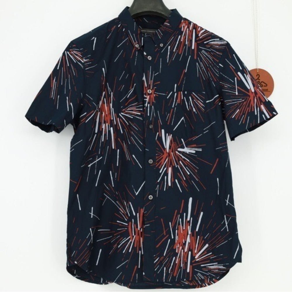 French Connection Mens Large Abstract Firework Print Short Sleeve Shirt NWT‎